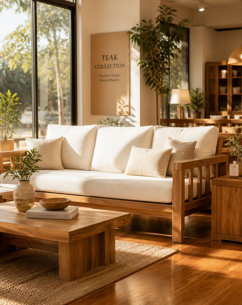 Warm sunlight-filled Kamlesh Furniture Mart showroom corner with teak sofa and cream cushions